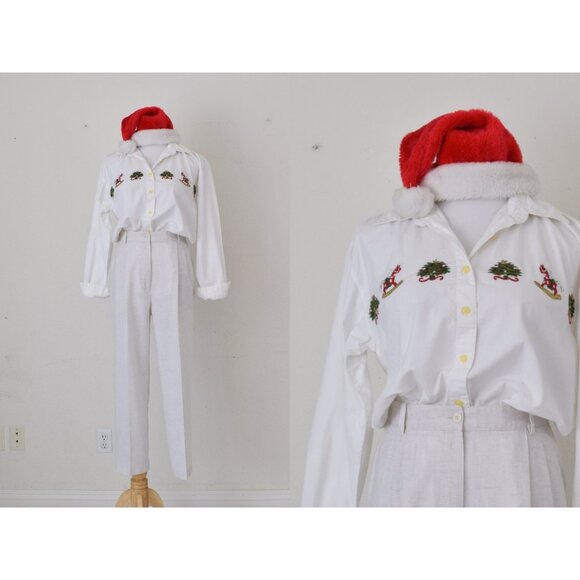 Vintage 90s Embroidered Christmas Button up Cotton Blouse size M‎ - Picture 1 of 10